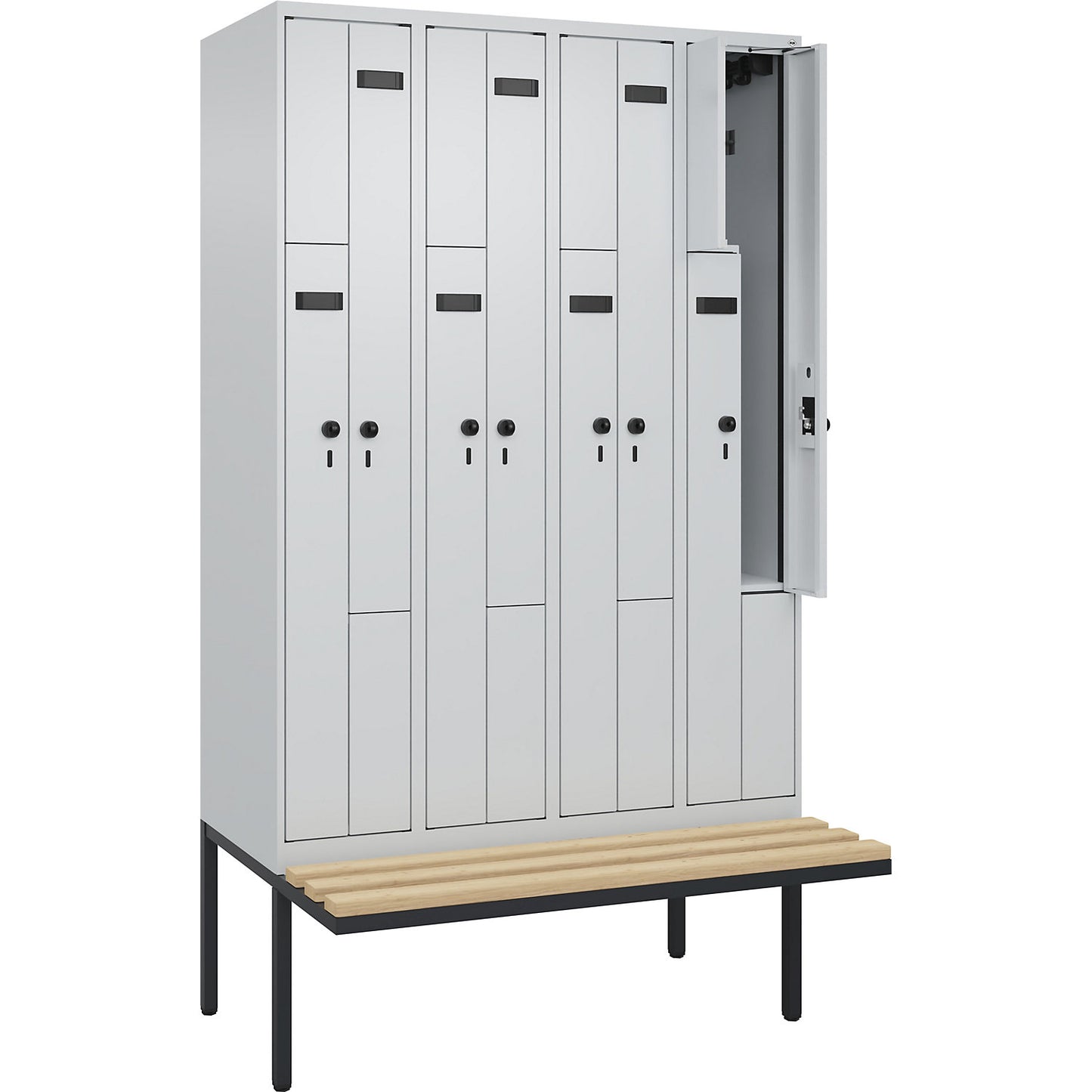 Evolo PLUS bench seat Z locker, 4 compartments, light grey / light grey, W 1200 mm, security rotary bolt, with cantilevered bench seat, beech.