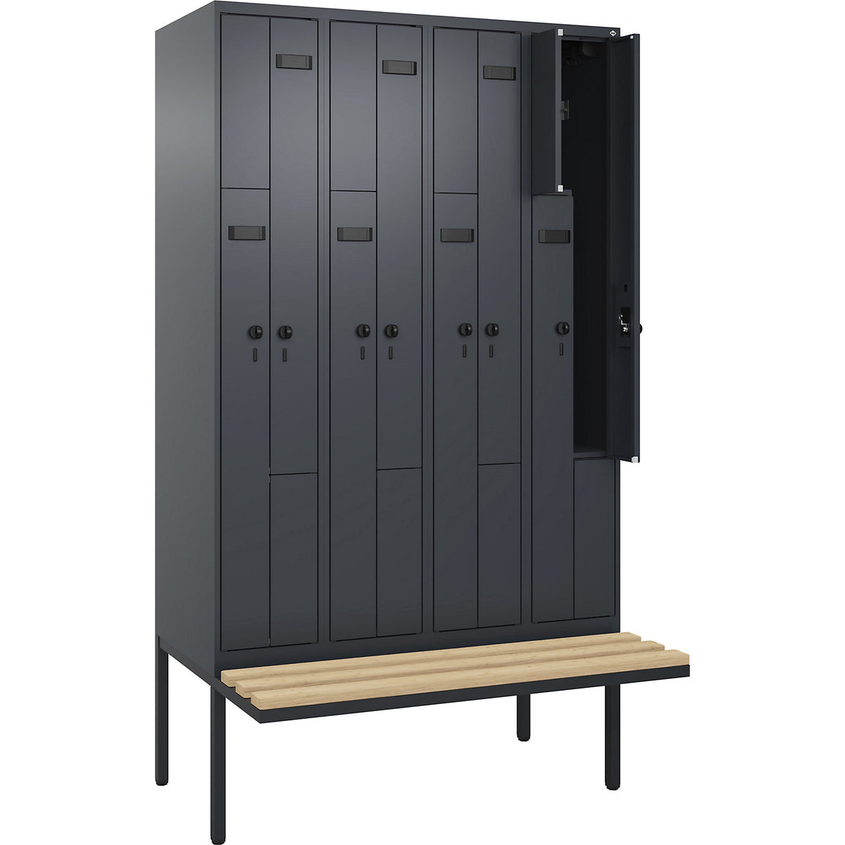 Evolo PLUS bench seat Z locker, 4 compartments, grey, W 1200 mm, security rotary bolt, with cantilevered bench seat, beech.