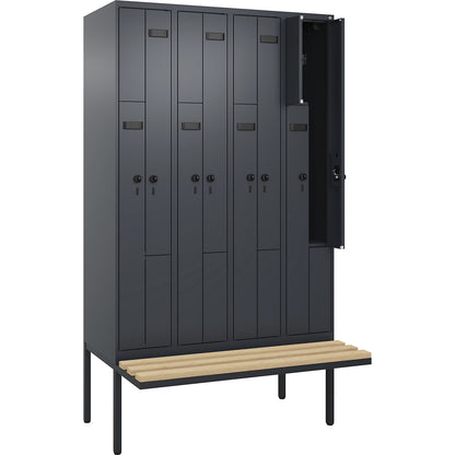 Evolo PLUS bench seat Z locker, 4 compartments, grey, W 1200 mm, security rotary bolt, with cantilevered bench seat, beech.
