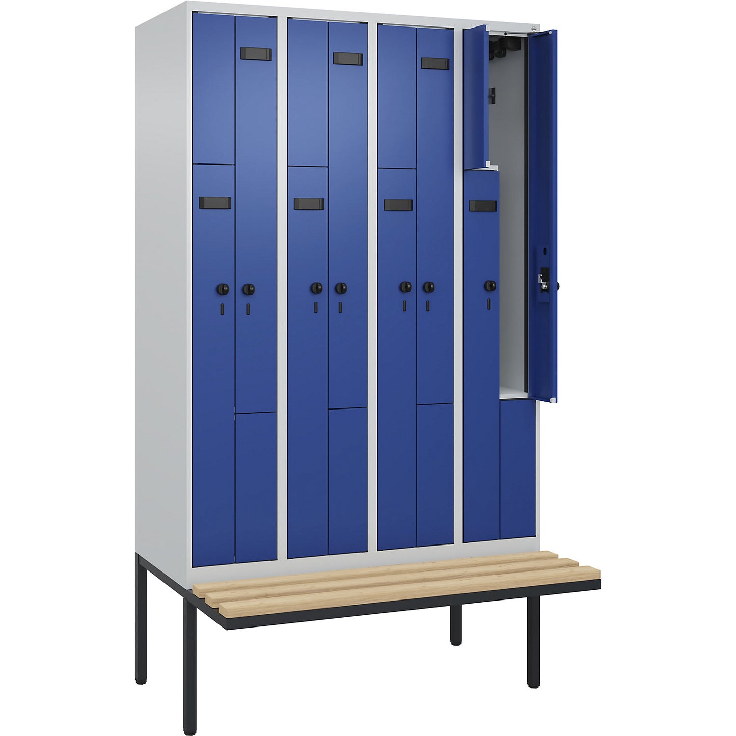 Evolo PLUS bench seat Z locker, 4 compartments, light grey / gentian blue, W 1200 mm, security rotary bolt, with cantilevered bench seat, beech.