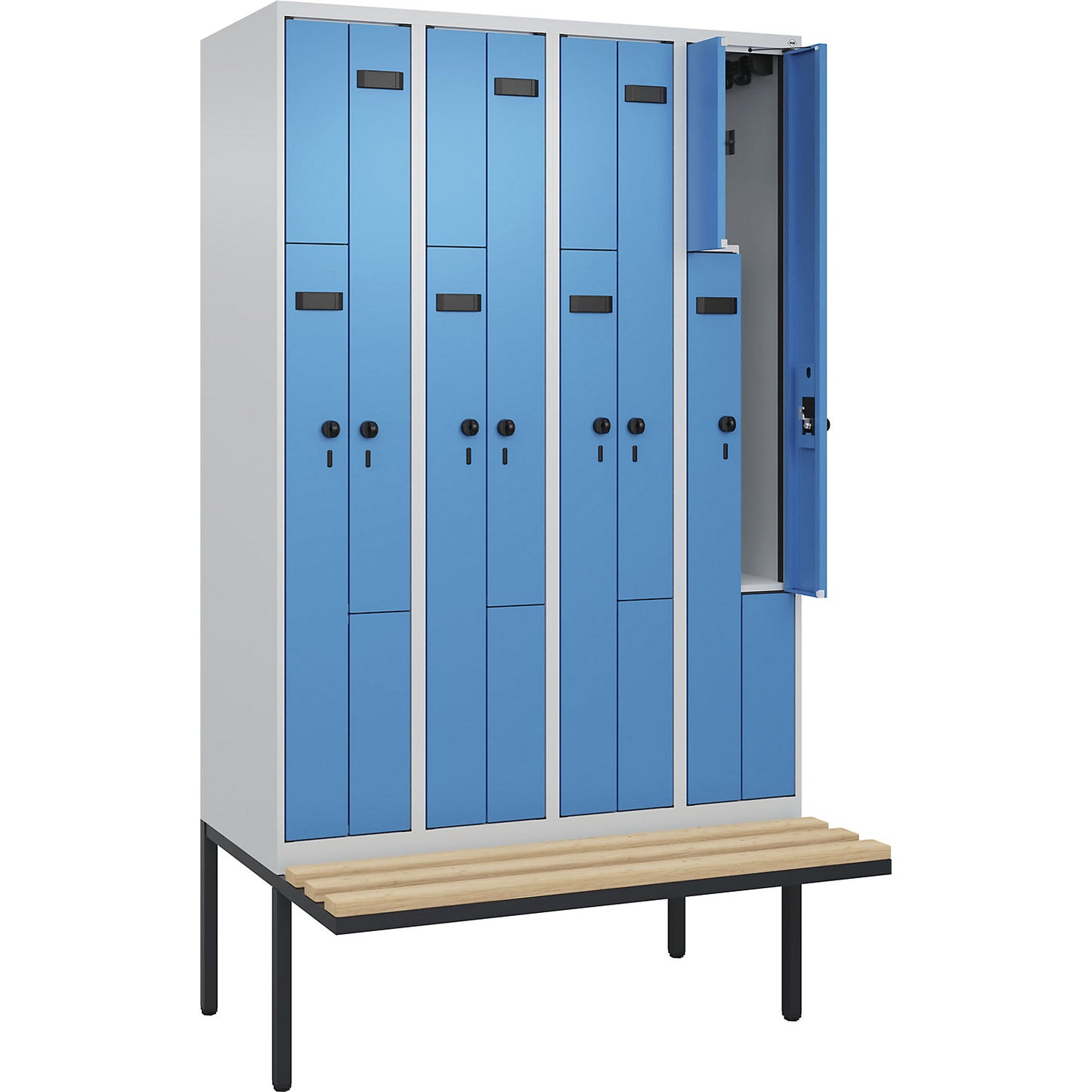 Evolo PLUS bench seat Z locker, 4 compartments, light grey / light blue, W 1200 mm, security rotary bolt, with cantilevered bench seat, beech.
