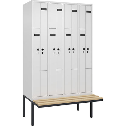 Evolo PLUS bench seat Z locker, 4 compartments, white, W 1200 mm, security rotary bolt, with cantilevered bench seat, beech.