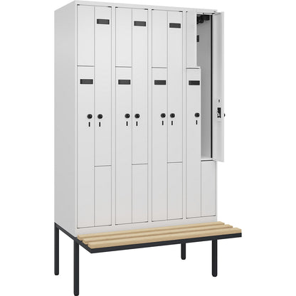 Evolo PLUS bench seat Z locker, 4 compartments, white, W 1200 mm, security rotary bolt, with cantilevered bench seat, beech.