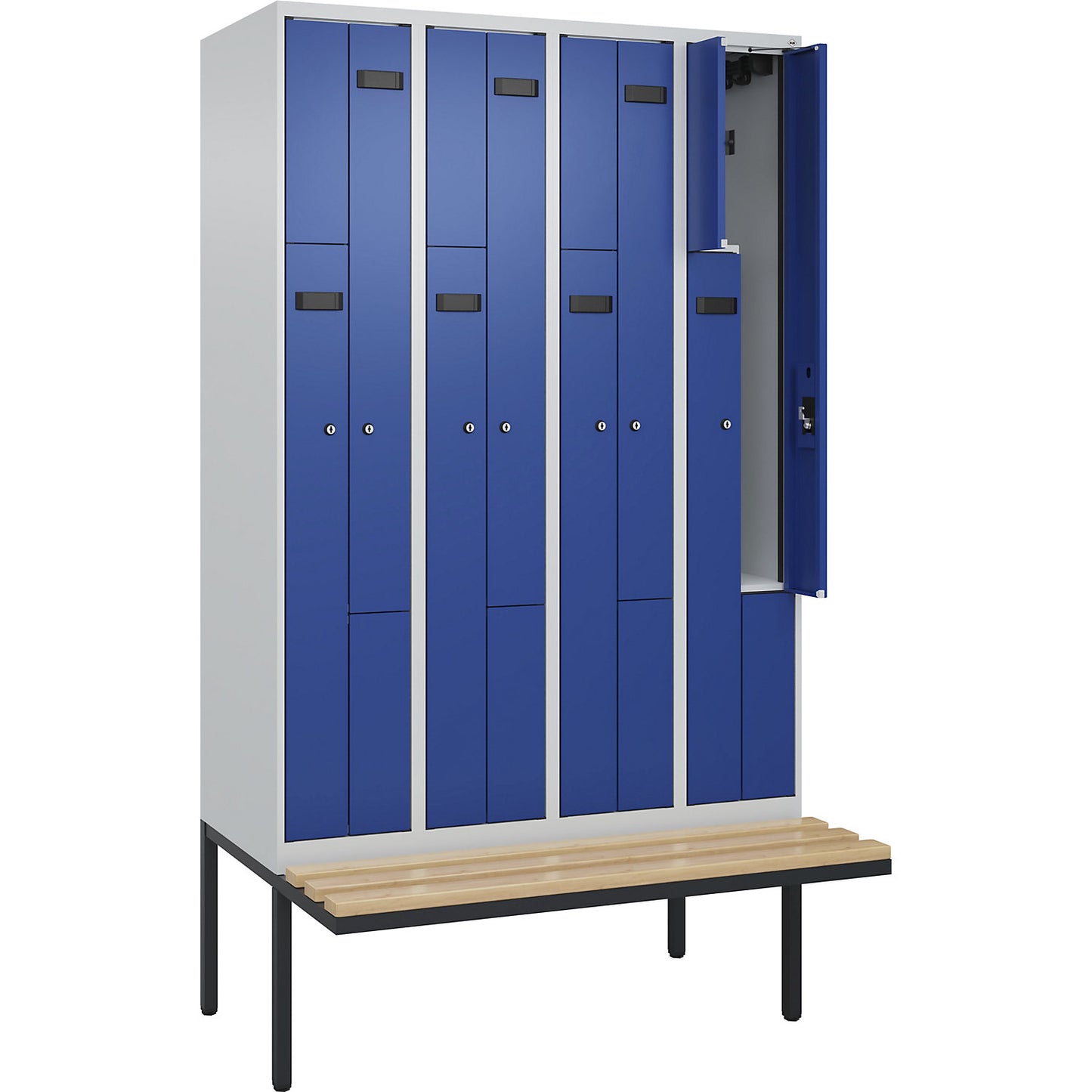 Evolo PLUS bench seat Z locker, 4 compartments, light grey / gentian blue, W 1200 mm, cylinder lock, with cantilevered bench seat, beech.