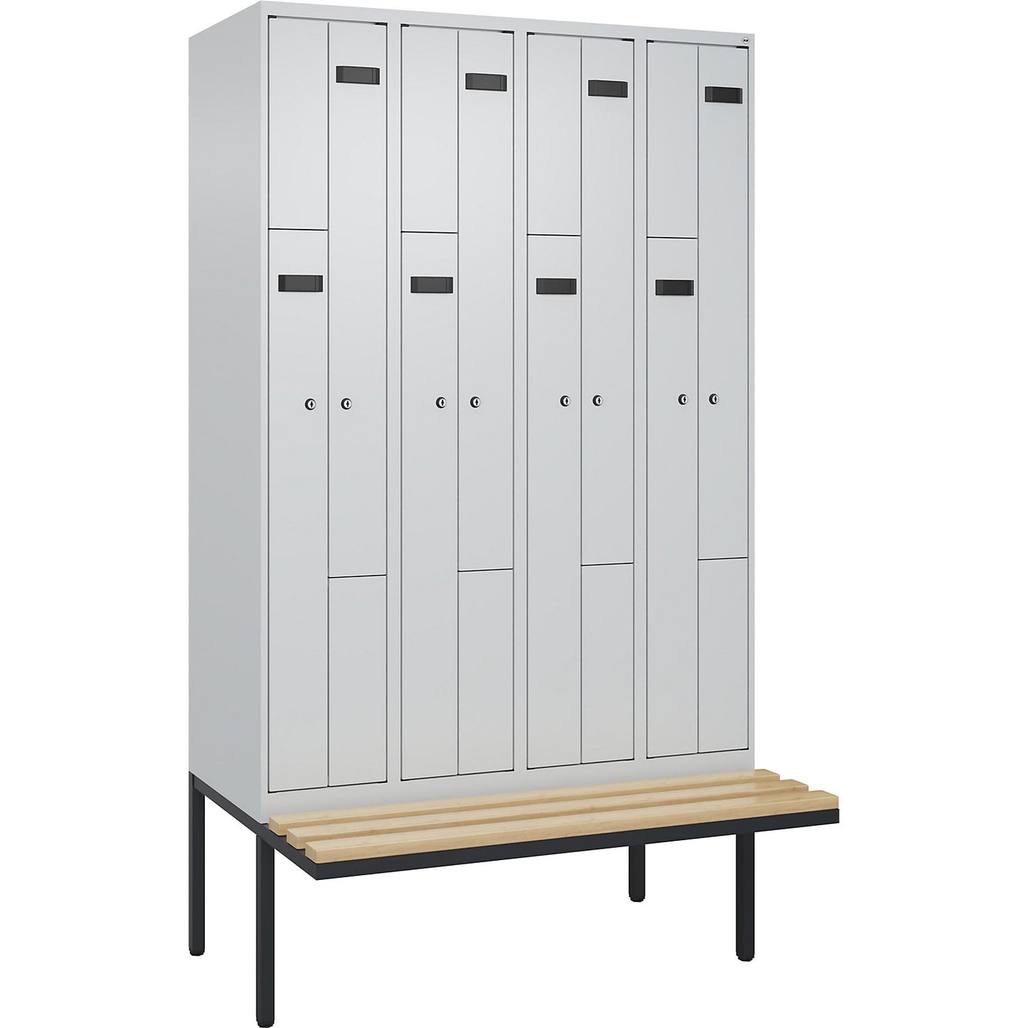 Evolo PLUS bench seat Z locker, 4 compartments, light grey / light grey, W 1200 mm, cylinder lock, with cantilevered bench seat, beech.