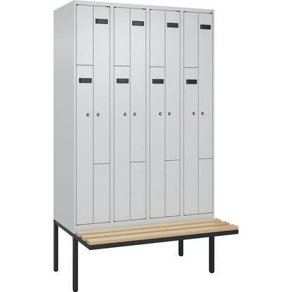 Evolo PLUS bench seat Z locker, 4 compartments, light grey / light grey, W 1200 mm, cylinder lock, with cantilevered bench seat, beech.