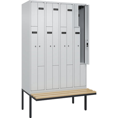 Evolo PLUS bench seat Z locker, 4 compartments, light grey / light grey, W 1200 mm, cylinder lock, with cantilevered bench seat, beech.