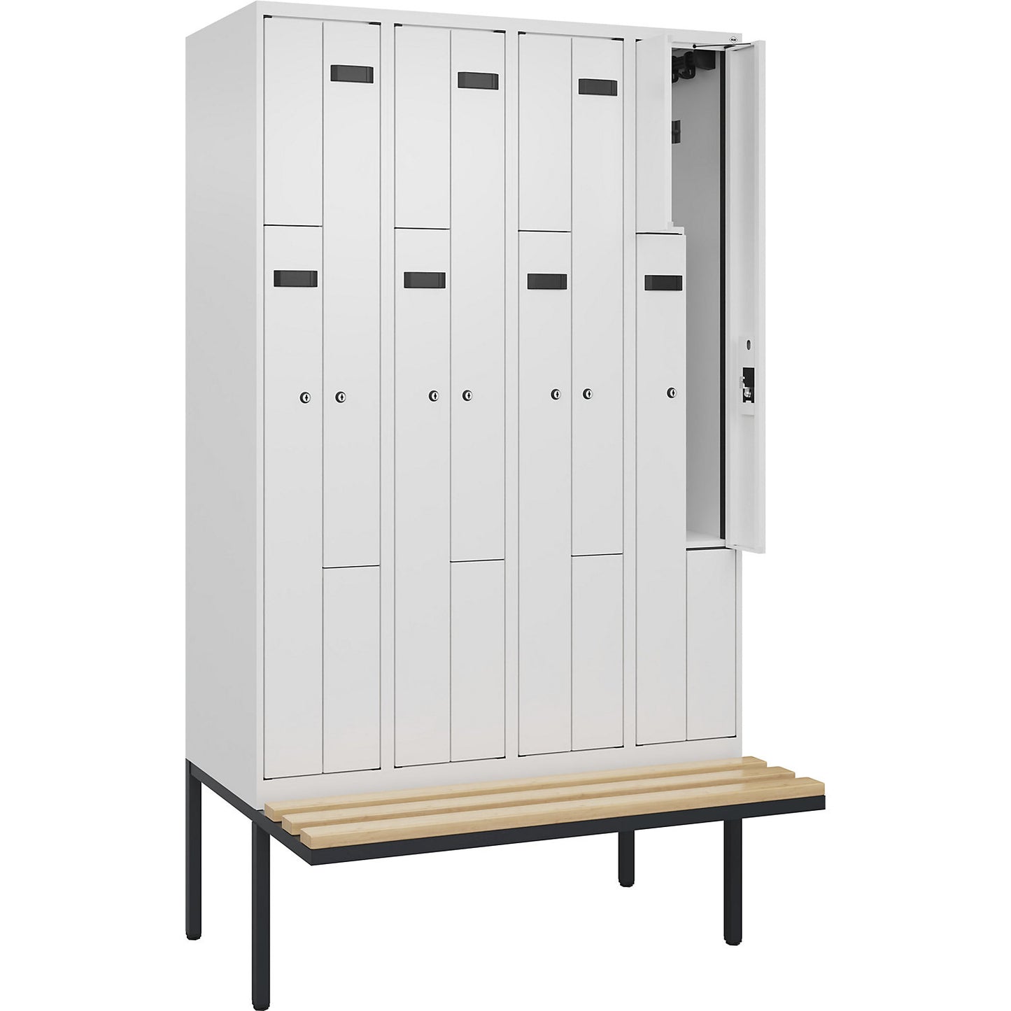 Evolo PLUS bench seat Z locker, 4 compartments, white, W 1200 mm, cylinder lock, with cantilevered bench seat, beech.