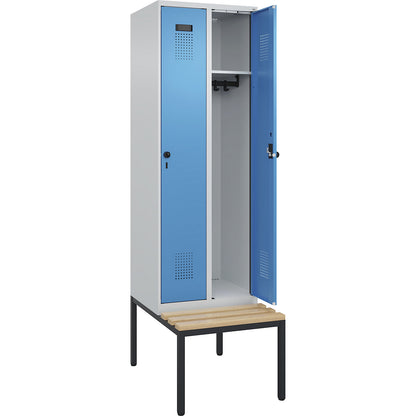 Evolo PLUS bench seat locker, 2 compartments, light grey / light blue, W 600 mm, security rotary bolt, with bench fitted below, beech.