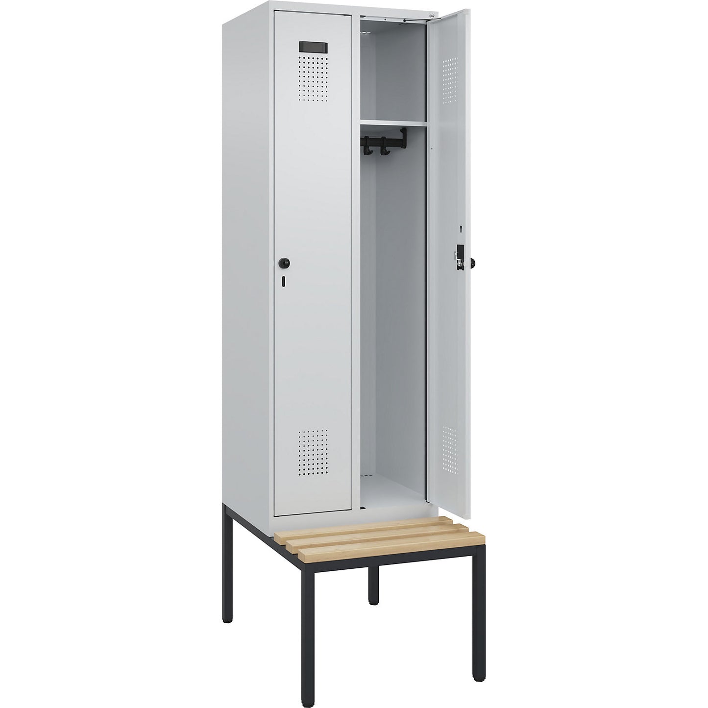 Evolo PLUS bench seat locker, 2 compartments, light grey / light grey, W 600 mm, security rotary bolt, with bench fitted below, beech.