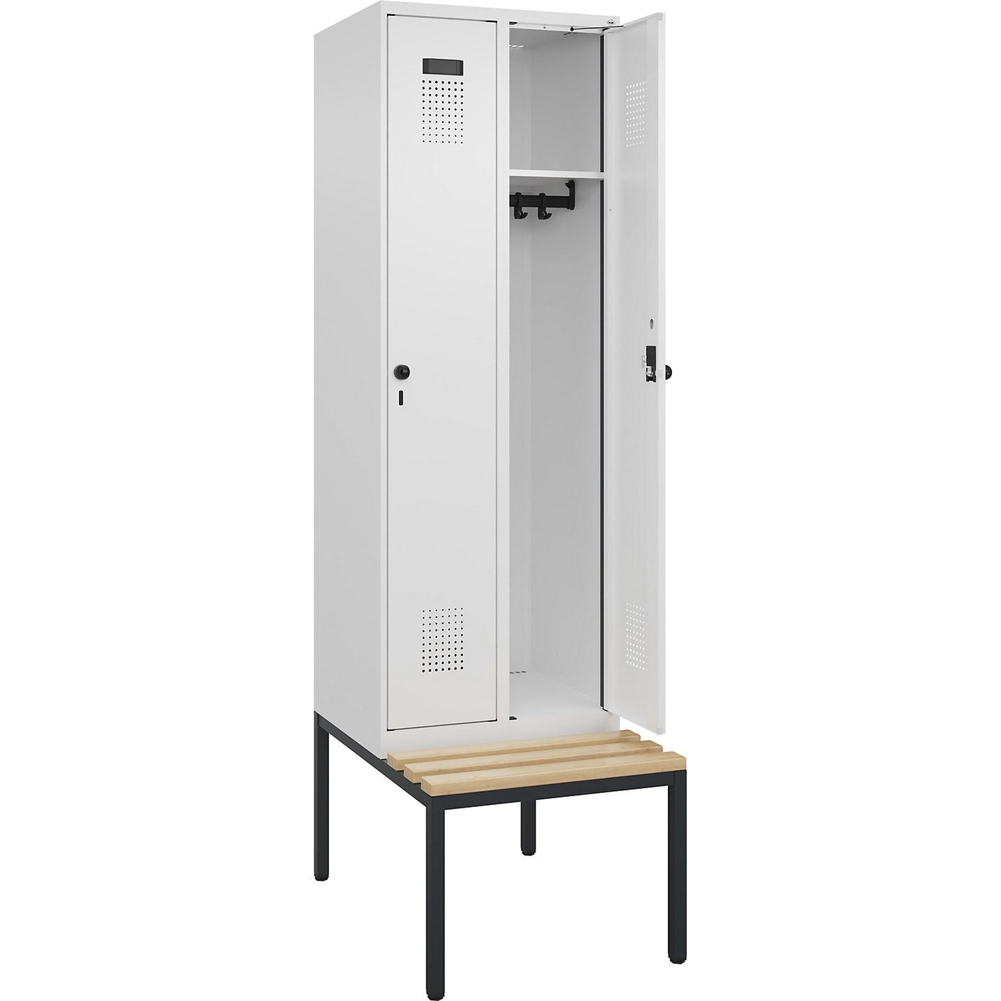 Evolo PLUS bench seat locker, 2 compartments, white, W 600 mm, security rotary bolt, with bench fitted below, beech.