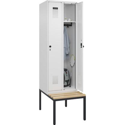 Evolo PLUS bench seat locker, 2 compartments, white, W 600 mm, security rotary bolt, with bench fitted below, beech.