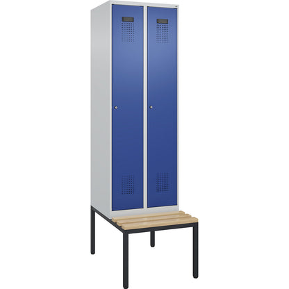 Evolo PLUS bench seat locker, 2 compartments, light grey / gentian blue, W 600 mm, cylinder lock, with bench fitted below, beech.
