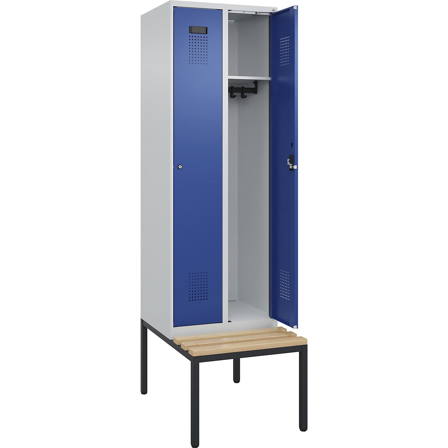 Evolo PLUS bench seat locker, 2 compartments, light grey / gentian blue, W 600 mm, cylinder lock, with bench fitted below, beech.