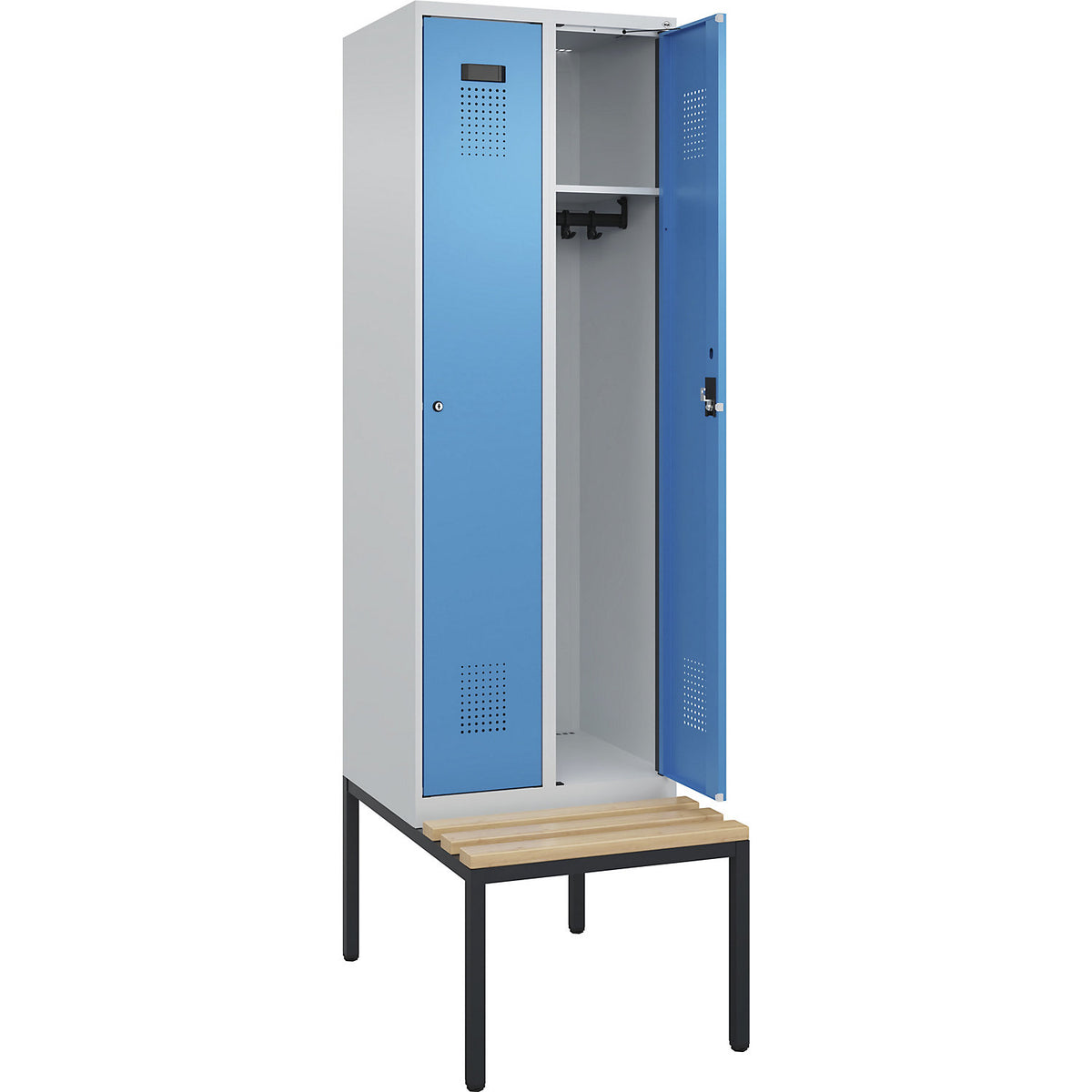 Evolo PLUS bench seat locker, 2 compartments, light grey / light blue, W 600 mm, cylinder lock, with bench fitted below, beech.