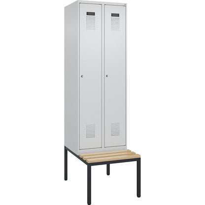 Evolo PLUS bench seat locker, 2 compartments, light grey / light grey, W 600 mm, cylinder lock, with bench fitted below, beech.