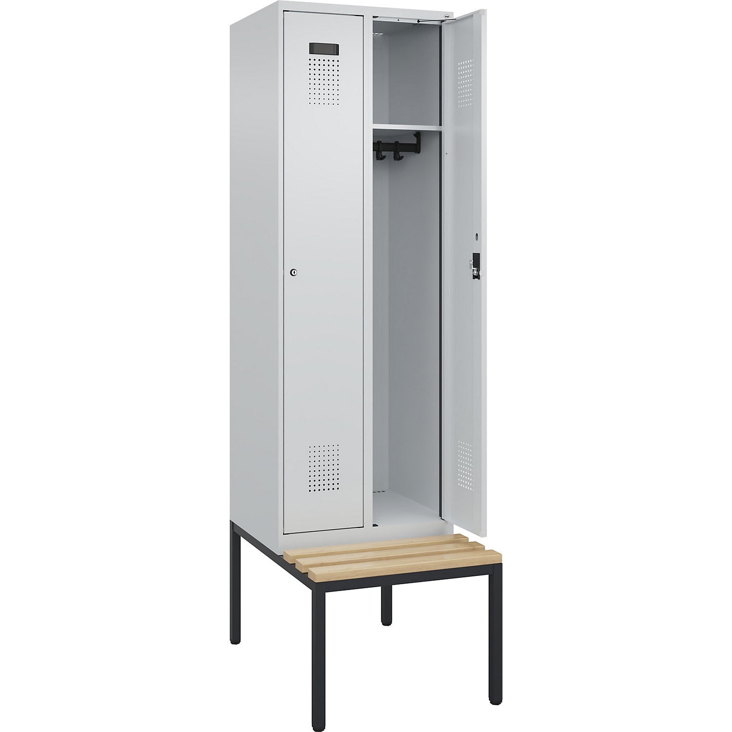 Evolo PLUS bench seat locker, 2 compartments, light grey / light grey, W 600 mm, cylinder lock, with bench fitted below, beech.