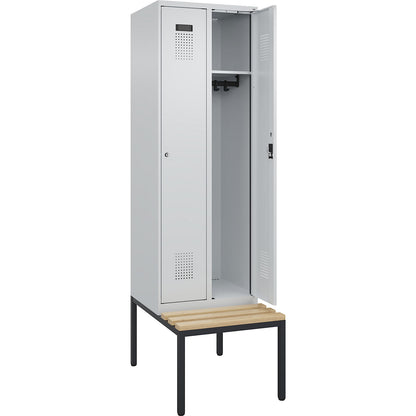 Evolo PLUS bench seat locker, 2 compartments, light grey / light grey, W 600 mm, cylinder lock, with bench fitted below, beech.