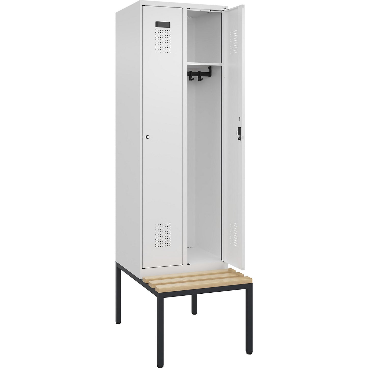 Evolo PLUS bench seat locker, 2 compartments, white, W 600 mm, cylinder lock, with bench fitted below, beech.