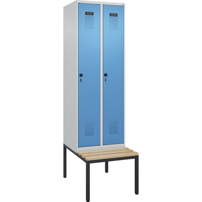 Evolo PLUS clean and dirty bench seat clothes locker, narrow, 2 compartments, shortened centre divider, light grey / light blue, W 600 mm, security rotary bolt, with bench fitted below, beech.