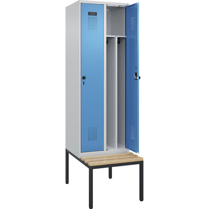 Evolo PLUS clean and dirty bench seat clothes locker, narrow, 2 compartments, shortened centre divider, light grey / light blue, W 600 mm, security rotary bolt, with bench fitted below, beech.
