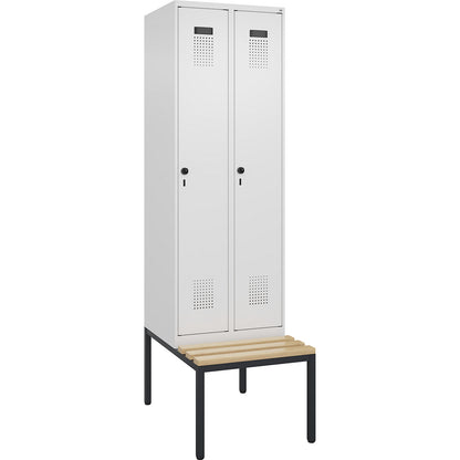 Evolo PLUS clean and dirty bench seat clothes locker, narrow, 2 compartments, shortened centre divider, white, W 600 mm, security rotary bolt, with bench fitted below, beech.