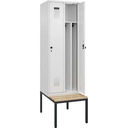 Evolo PLUS clean and dirty bench seat clothes locker, narrow, 2 compartments, shortened centre divider, white, W 600 mm, security rotary bolt, with bench fitted below, beech.