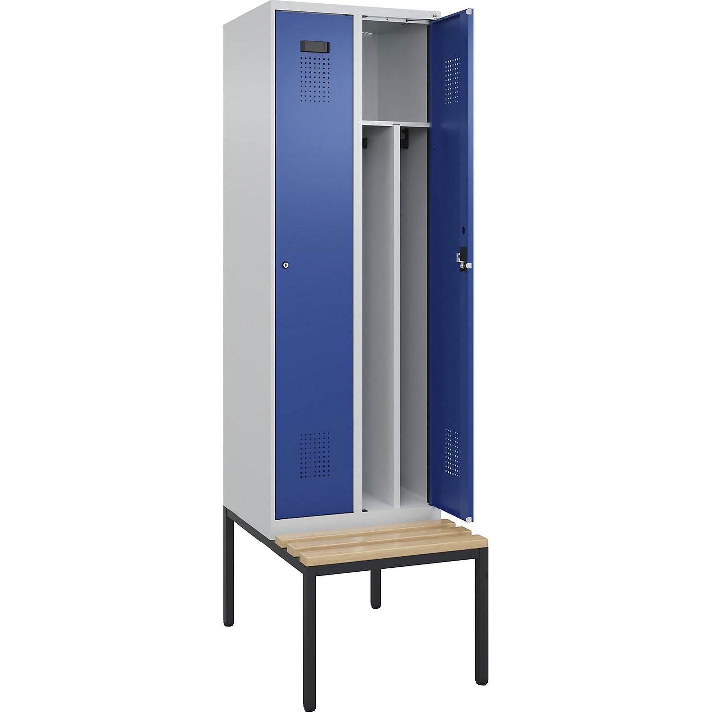 Evolo PLUS clean and dirty bench seat clothes locker, narrow, 2 compartments, shortened centre divider, light grey / gentian blue, W 600 mm, cylinder lock, with bench fitted below, beech.