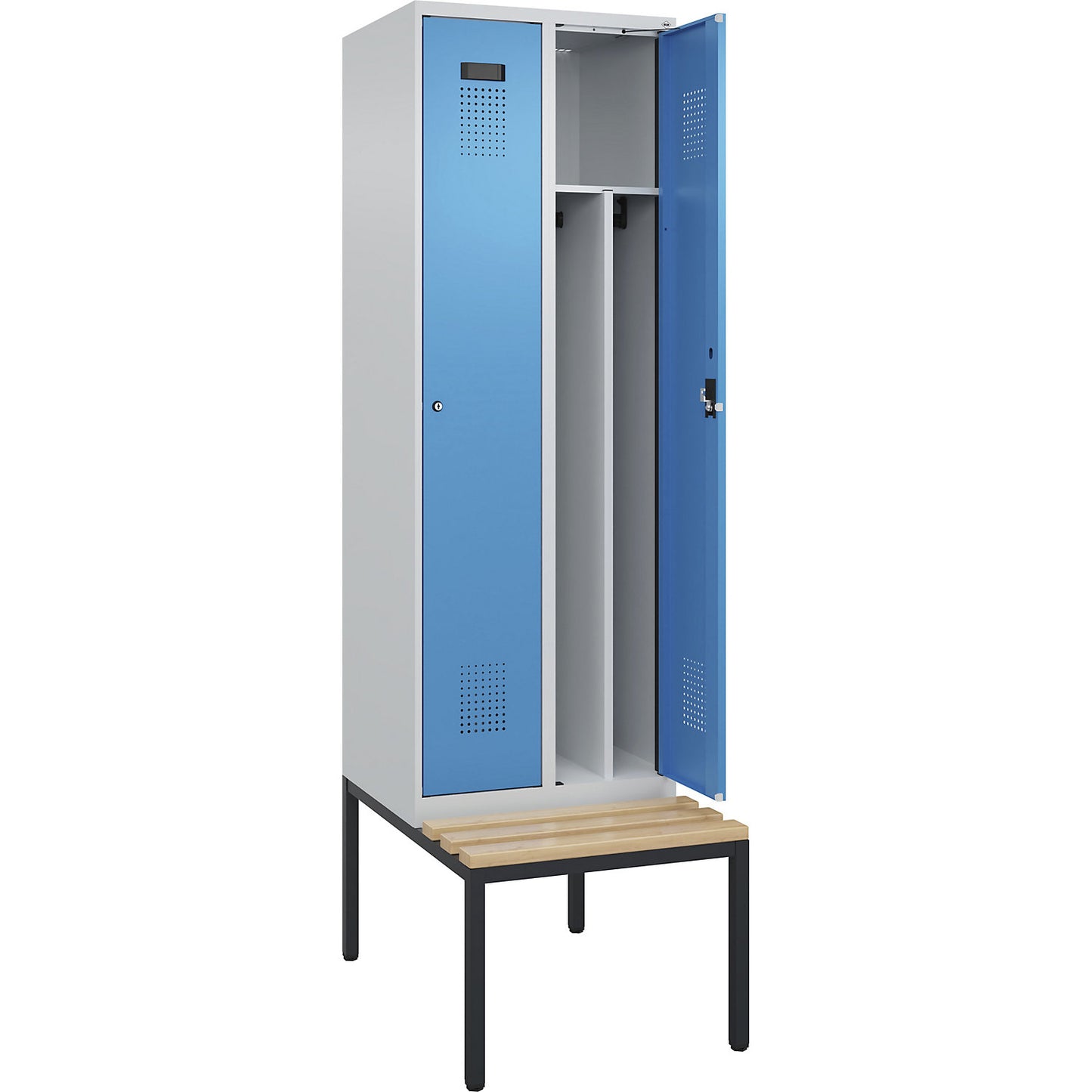 Evolo PLUS clean and dirty bench seat clothes locker, narrow, 2 compartments, shortened centre divider, light grey / light blue, W 600 mm, cylinder lock, with bench fitted below, beech.