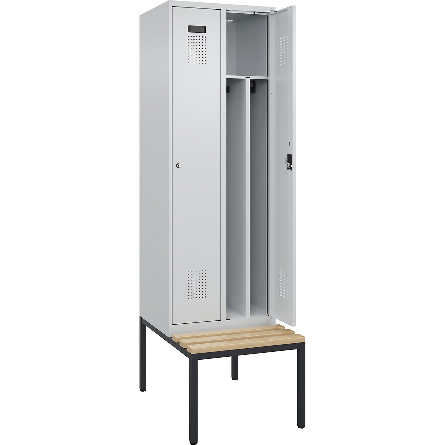 Evolo PLUS clean and dirty bench seat clothes locker, narrow, 2 compartments, shortened centre divider, light grey / light grey, W 600 mm, cylinder lock, with bench fitted below, beech.