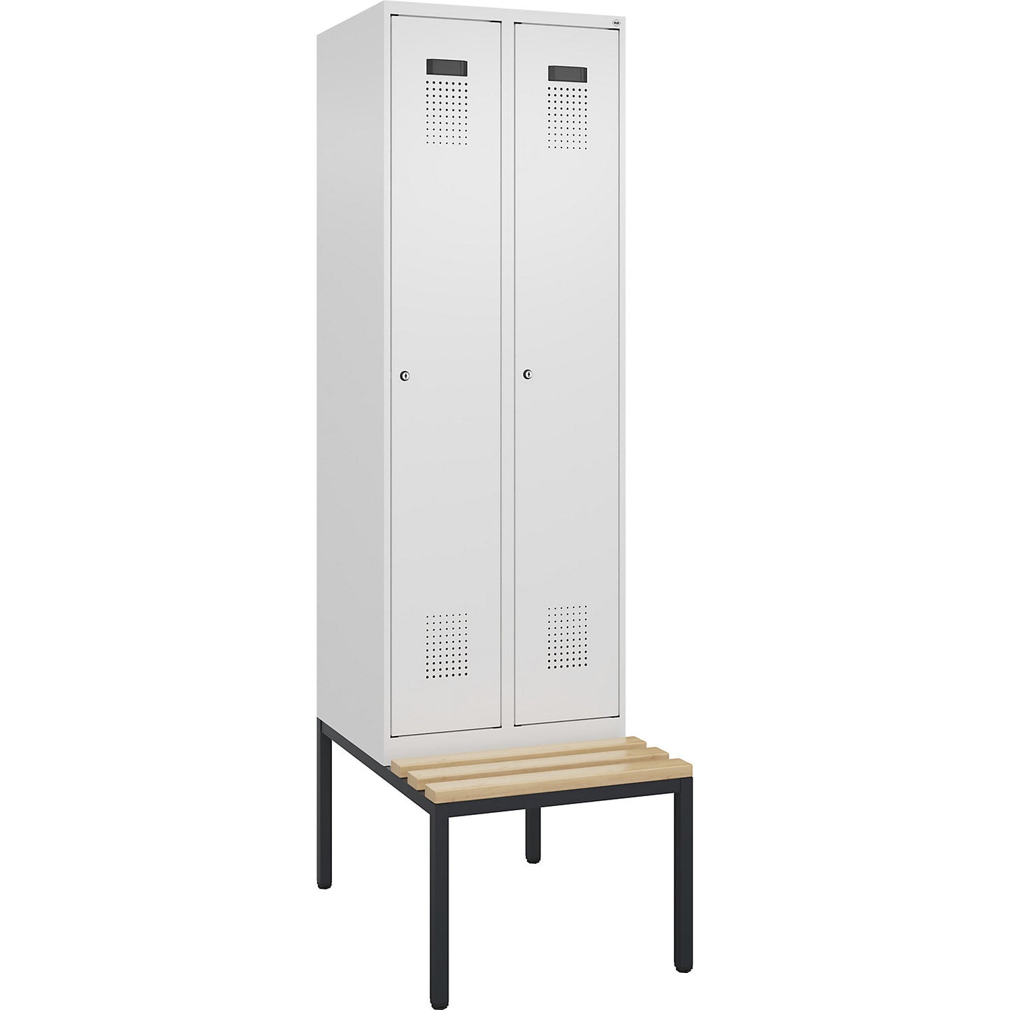 Evolo PLUS clean and dirty bench seat clothes locker, narrow, 2 compartments, shortened centre divider, white, W 600 mm, cylinder lock, with bench fitted below, beech.
