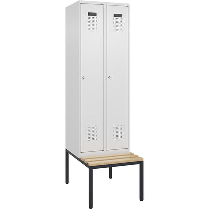 Evolo PLUS clean and dirty bench seat clothes locker, narrow, 2 compartments, shortened centre divider, white, W 600 mm, cylinder lock, with bench fitted below, beech.
