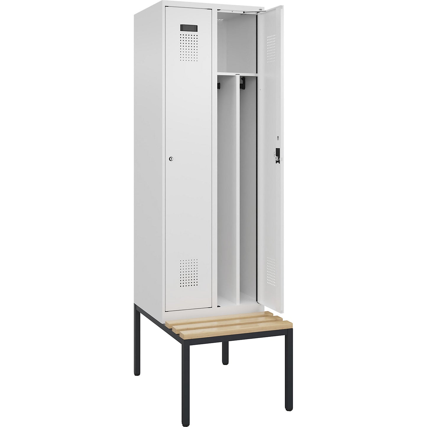 Evolo PLUS clean and dirty bench seat clothes locker, narrow, 2 compartments, shortened centre divider, white, W 600 mm, cylinder lock, with bench fitted below, beech.