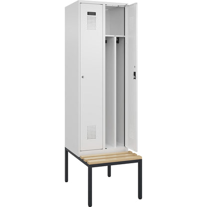 Evolo PLUS clean and dirty bench seat clothes locker, narrow, 2 compartments, shortened centre divider, white, W 600 mm, cylinder lock, with bench fitted below, beech.