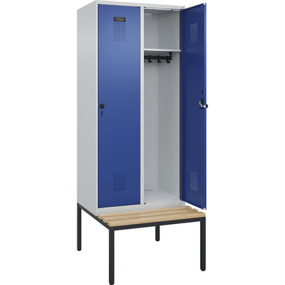 Evolo PLUS bench seat locker, 2 compartments, light grey / gentian blue, W 800 mm, security rotary bolt, with bench fitted below, beech.