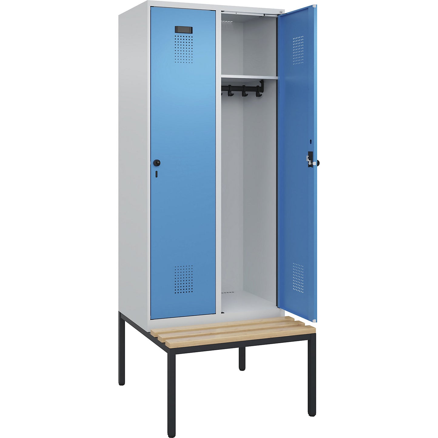 Evolo PLUS bench seat locker, 2 compartments, light grey / light blue, W 800 mm, security rotary bolt, with bench fitted below, beech.