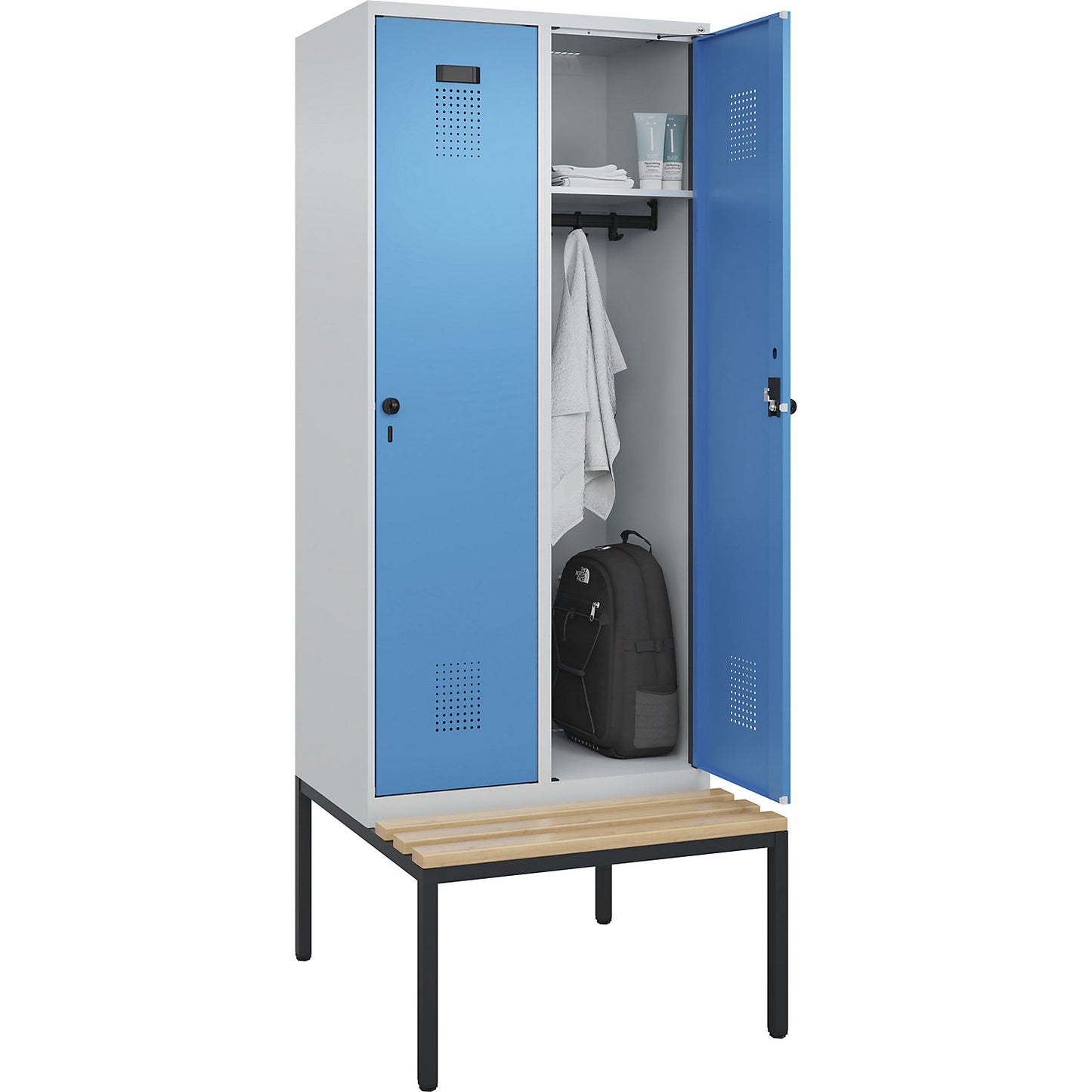 Evolo PLUS bench seat locker, 2 compartments, light grey / light blue, W 800 mm, security rotary bolt, with bench fitted below, beech.
