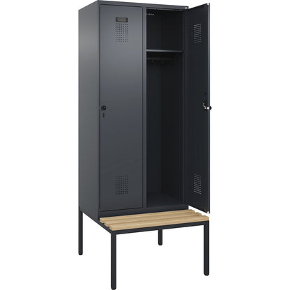 Evolo PLUS bench seat locker, 2 compartments, grey, W 800 mm, security rotary bolt, with bench fitted below, beech.
