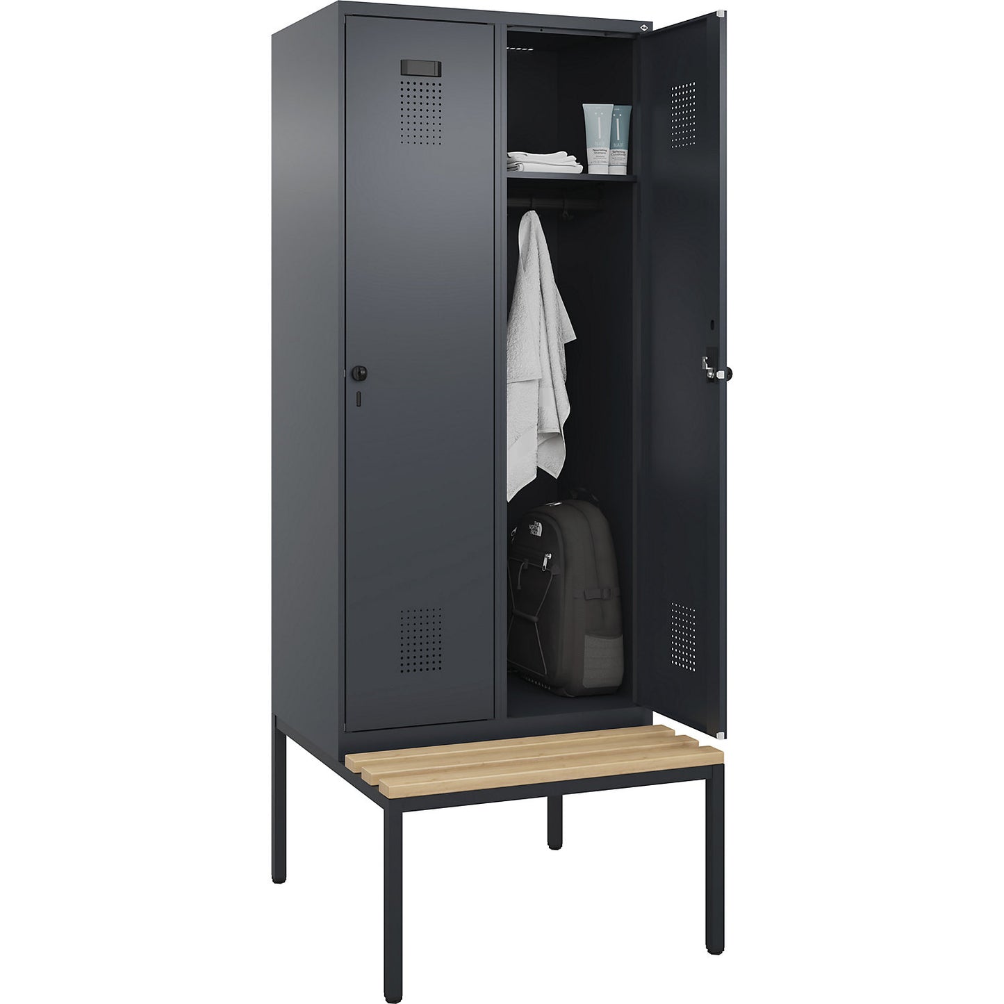 Evolo PLUS bench seat locker, 2 compartments, grey, W 800 mm, security rotary bolt, with bench fitted below, beech.
