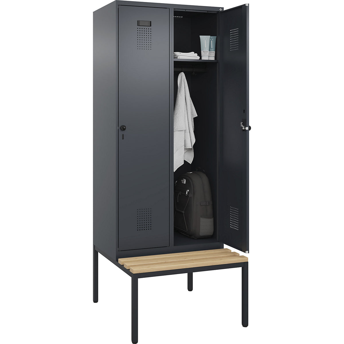 Evolo PLUS bench seat locker, 2 compartments, grey, W 800 mm, security rotary bolt, with bench fitted below, beech.