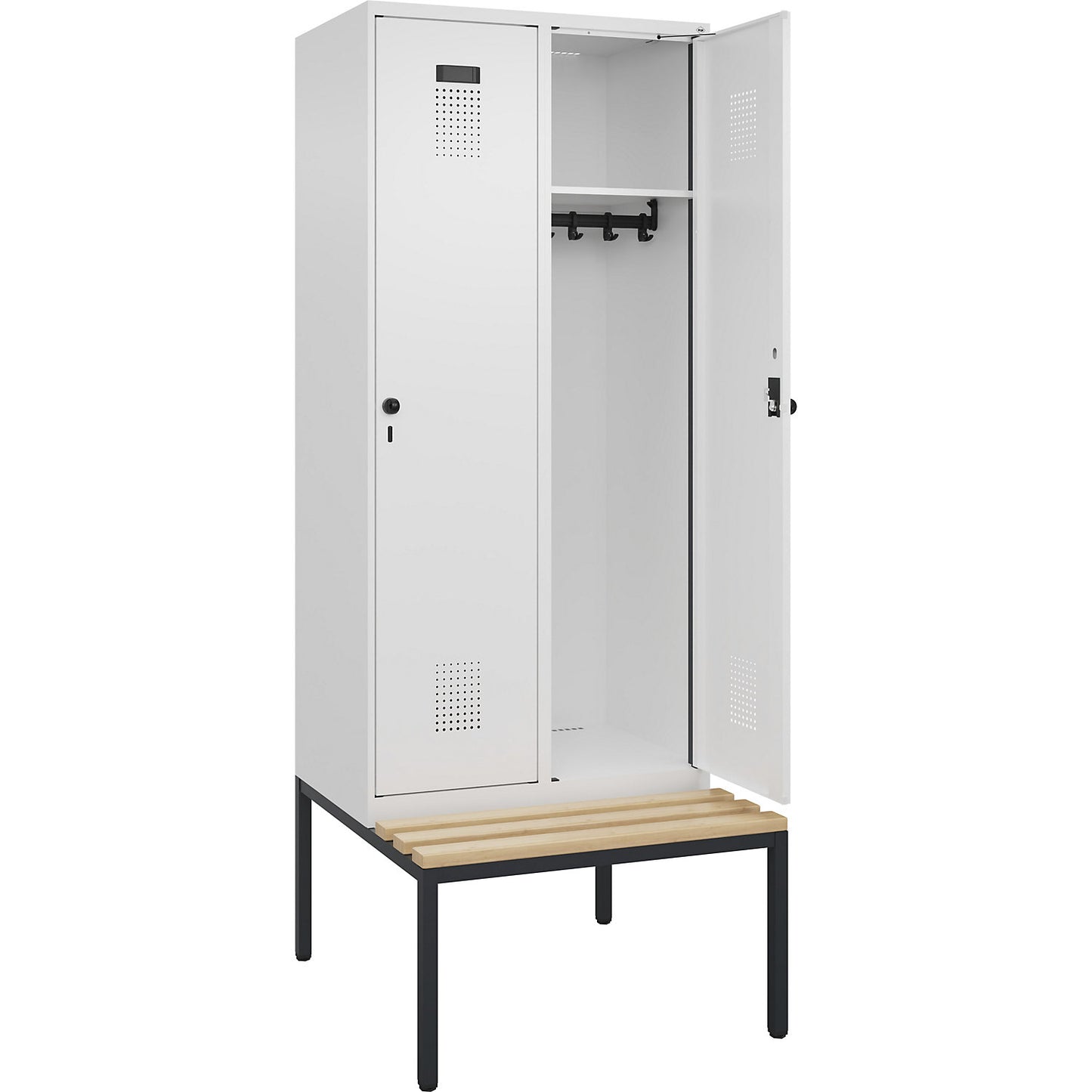 Evolo PLUS bench seat locker, 2 compartments, white, W 800 mm, security rotary bolt, with bench fitted below, beech.