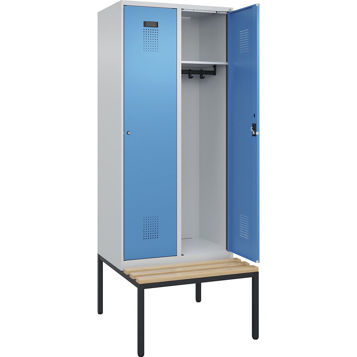 Evolo PLUS bench seat locker, 2 compartments, light grey / light blue, W 800 mm, cylinder lock, with bench fitted below, beech.