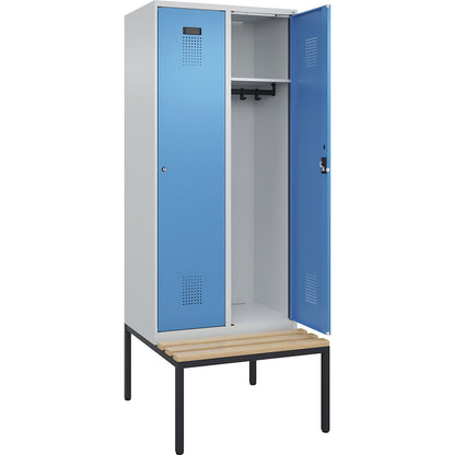 Evolo PLUS bench seat locker, 2 compartments, light grey / light blue, W 800 mm, cylinder lock, with bench fitted below, beech.
