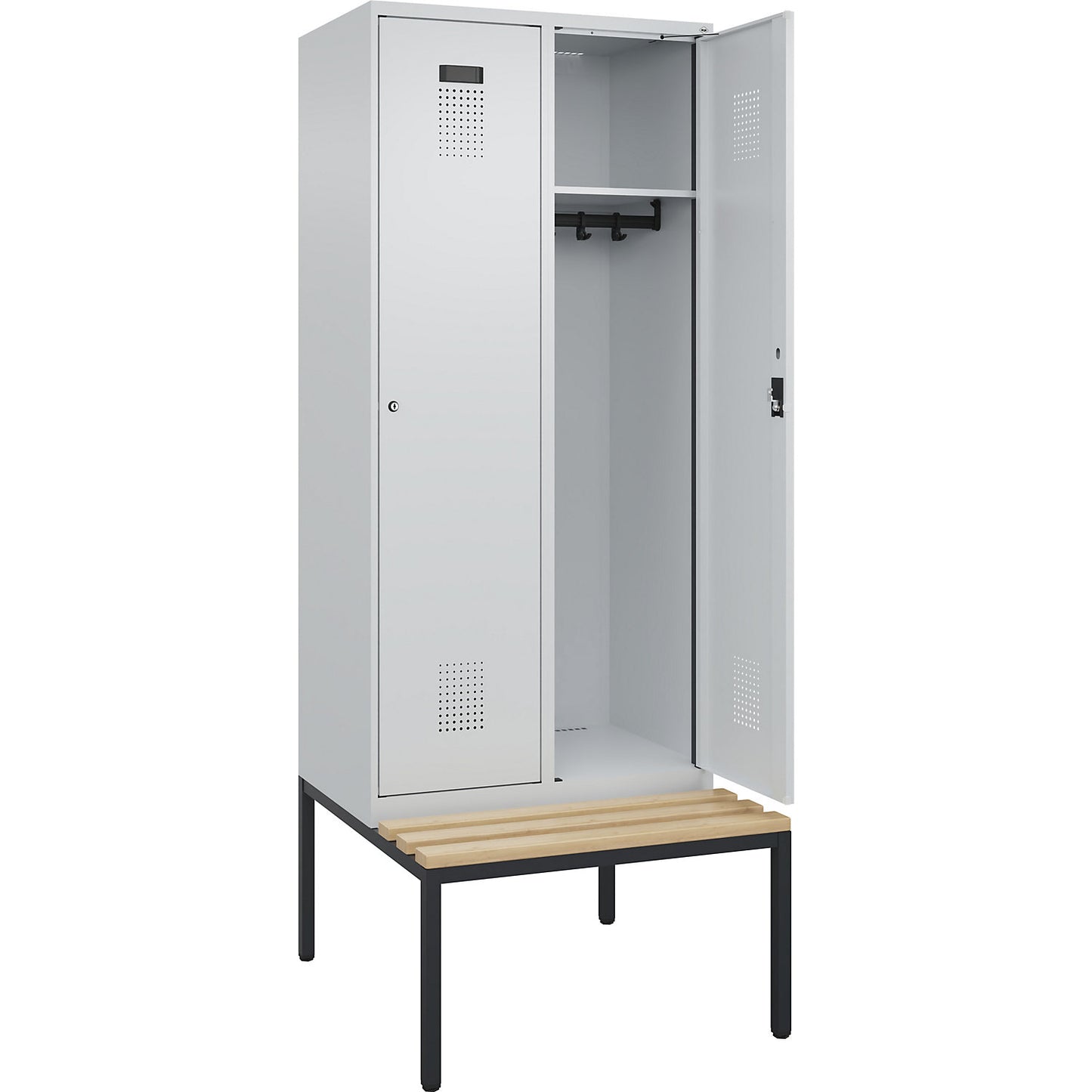 Evolo PLUS bench seat locker, 2 compartments, light grey / light grey, W 800 mm, cylinder lock, with bench fitted below, beech.