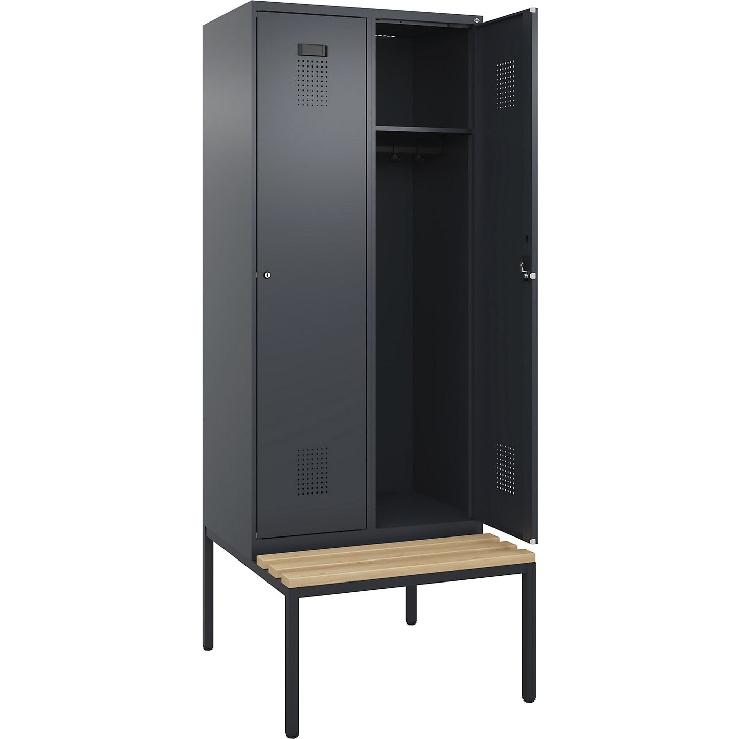 Evolo PLUS bench seat locker, 2 compartments, grey, W 800 mm, cylinder lock, with bench fitted below, beech.