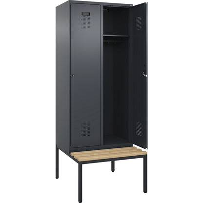 Evolo PLUS bench seat locker, 2 compartments, grey, W 800 mm, cylinder lock, with bench fitted below, beech.