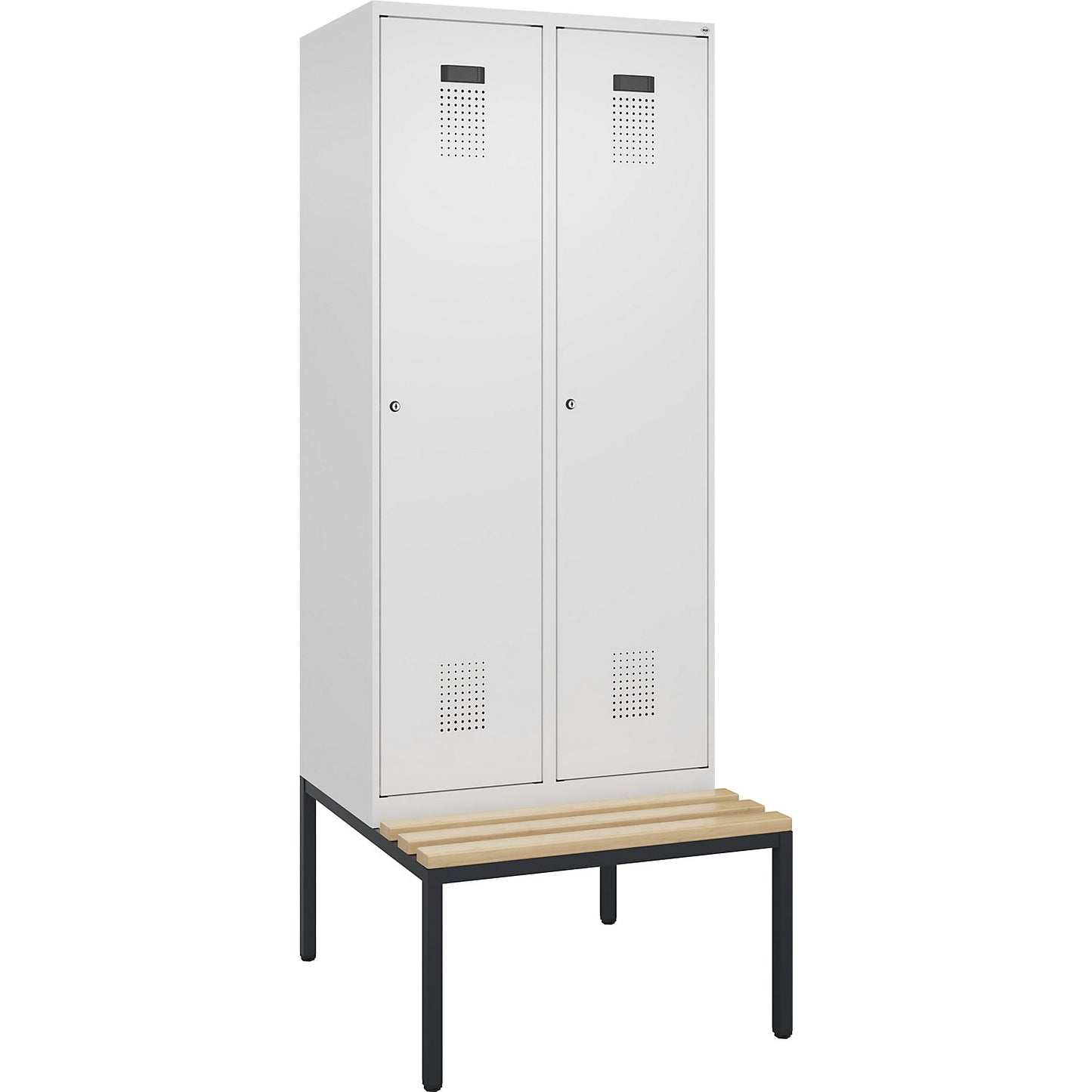 Evolo PLUS bench seat locker, 2 compartments, white, W 800 mm, cylinder lock, with bench fitted below, beech.