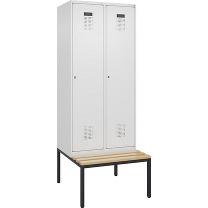 Evolo PLUS bench seat locker, 2 compartments, white, W 800 mm, cylinder lock, with bench fitted below, beech.