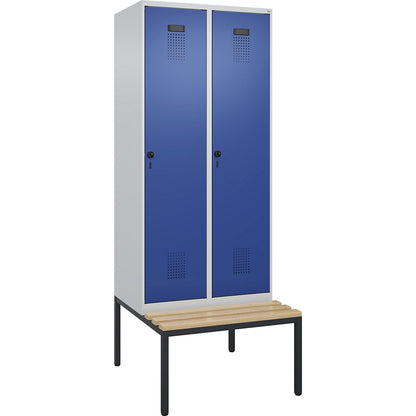 Evolo PLUS clean and dirty bench seat clothes locker, narrow, 2 compartments, shortened centre divider, light grey / gentian blue, W 800 mm, security rotary bolt, with bench fitted below, beech.