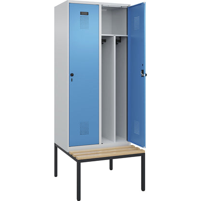 Evolo PLUS clean and dirty bench seat clothes locker, narrow, 2 compartments, shortened centre divider, light grey / light blue, W 800 mm, security rotary bolt, with bench fitted below, beech.